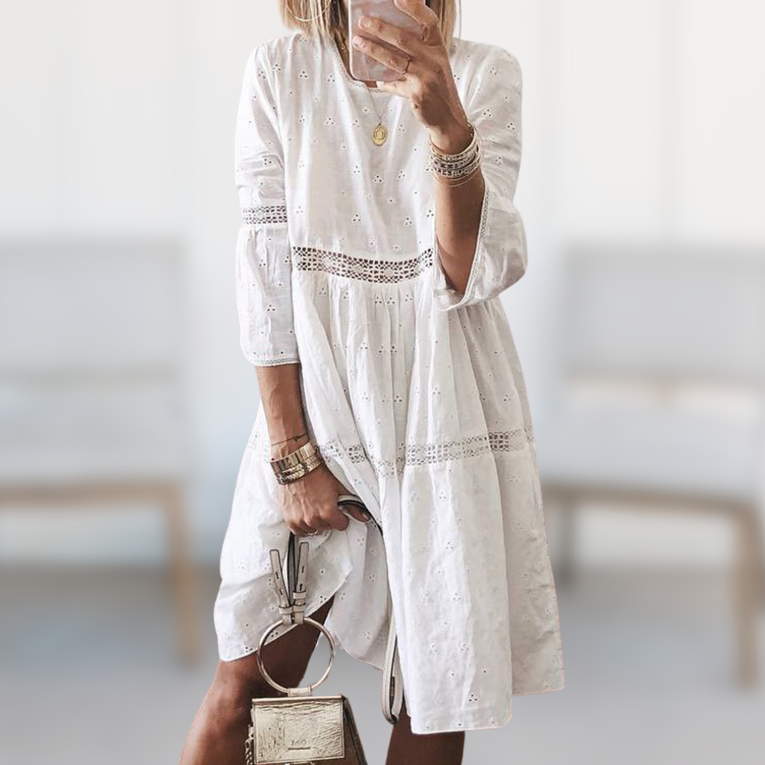 Eyelet Embroidered Lace Trim Tiered 3/4 Sleeve Mini Dress - View 3
