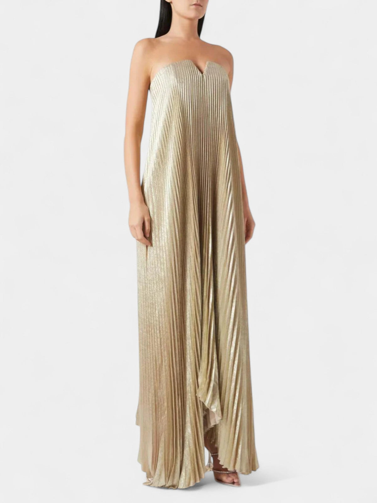 Strapless Sweetheart Pleated Metallic Maxi Dress 3