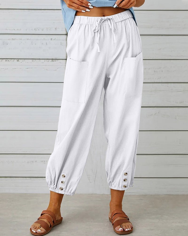 High Waist Drawstring Button Cuff Tapered Pants 3
