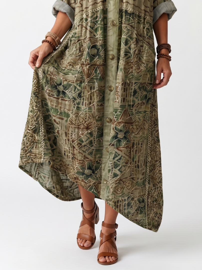 Printed V-Neck Button Front Pocket Oversized Maxi Dress 3