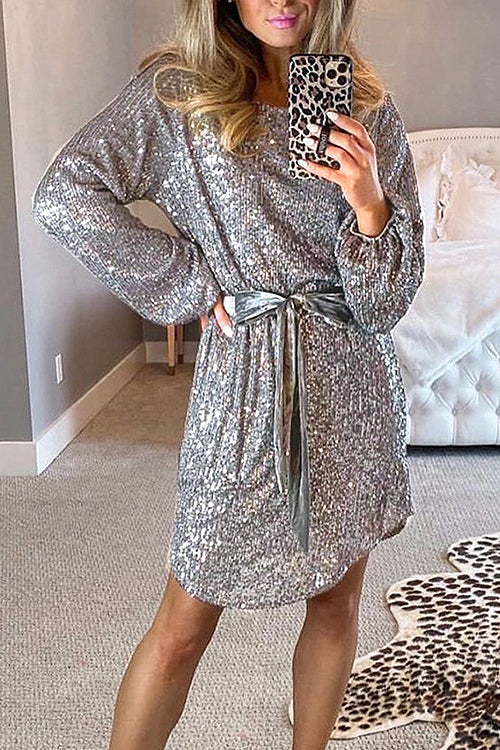Sequin Bishop Sleeve Tie Waist Mini Dress - View 6