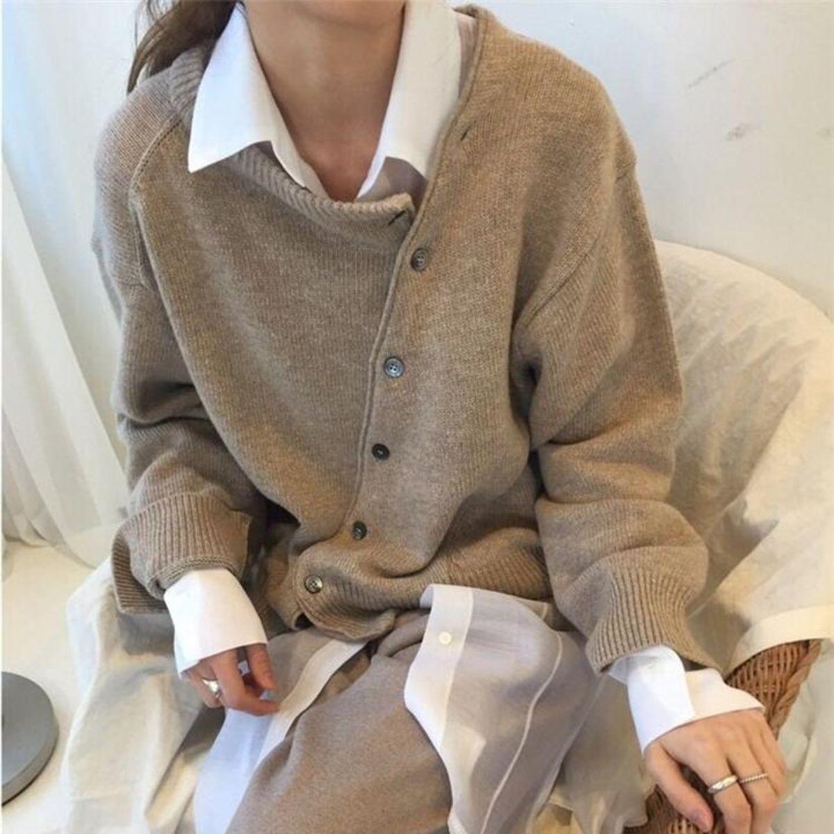Crew Neck Drop Shoulder Button Front Knit Cardigan 2