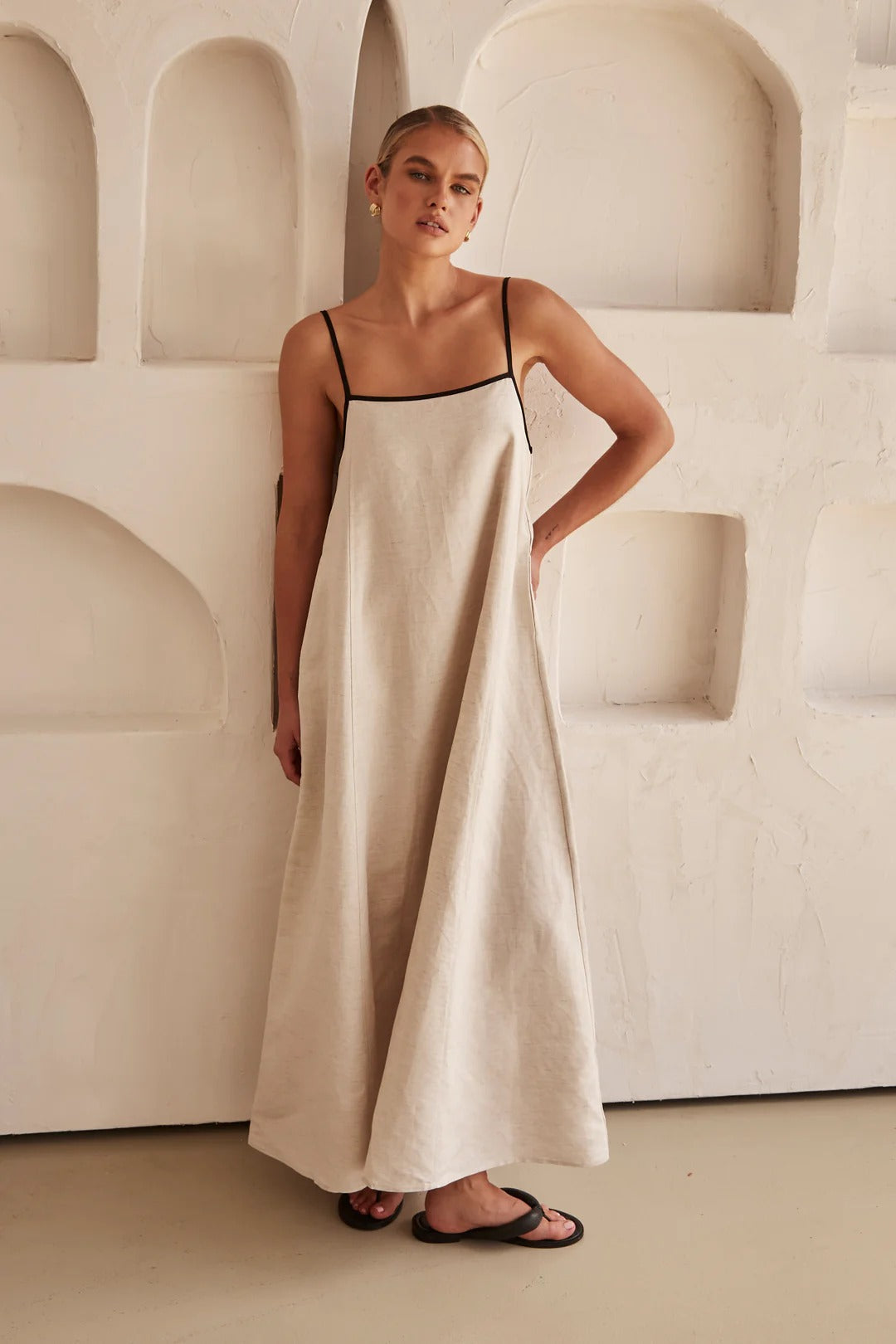 Contrast Trim Spaghetti Strap Square Neck A-Line Maxi Dress