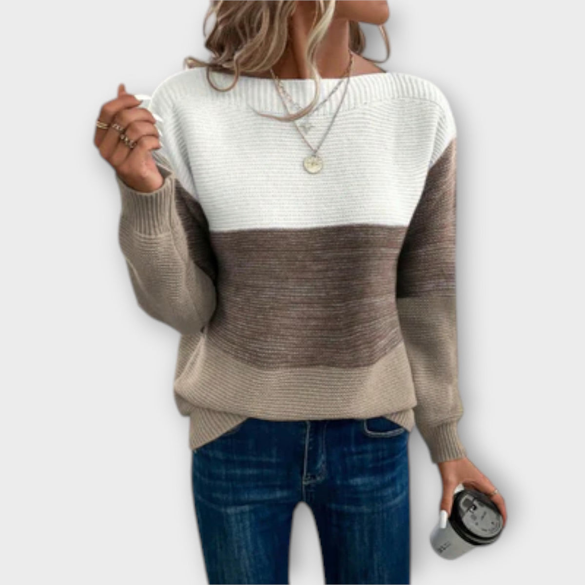 Boat Neck Colorblock Long Sleeve Knit Sweater 2