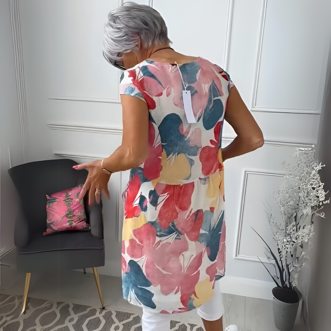 Watercolor Floral Round Neck Short Sleeve Tunic Dress 3