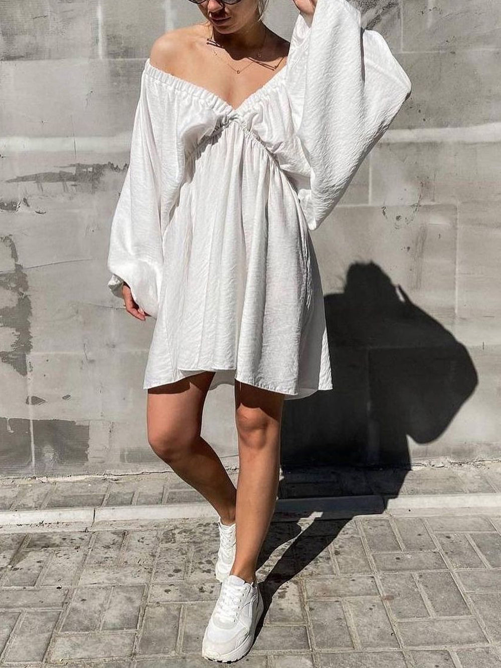 Deep V-Neck Balloon Sleeve Ruched Babydoll Mini Dress 10