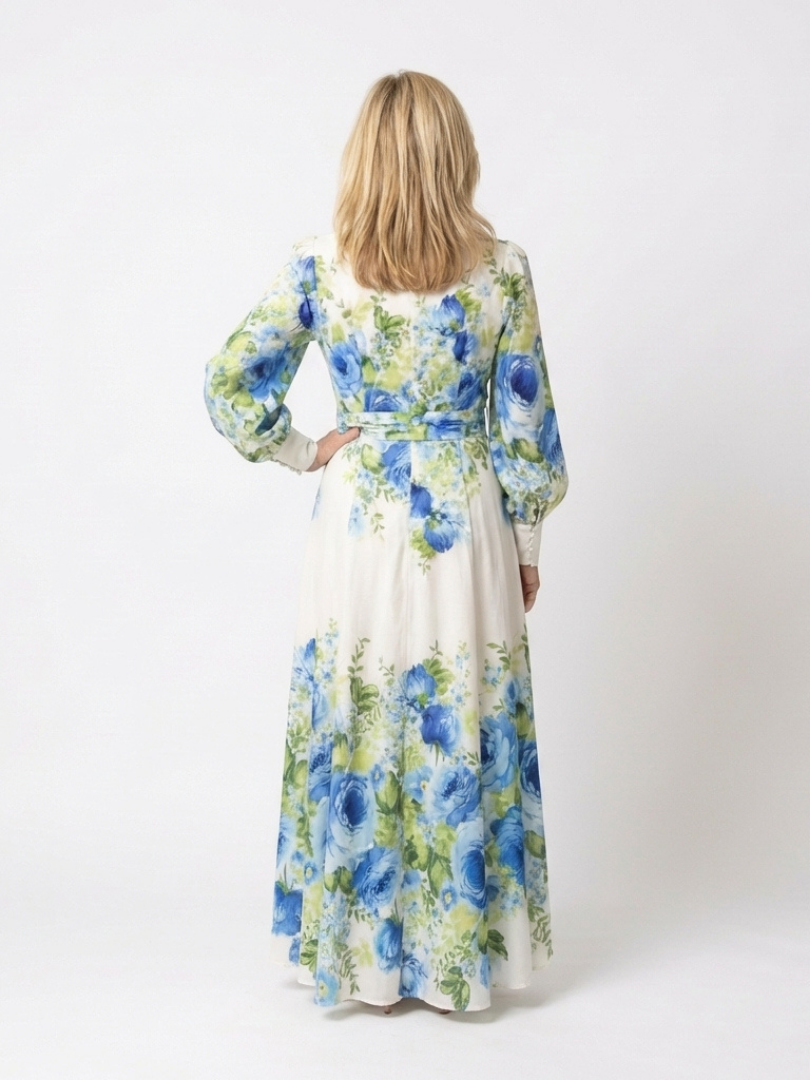 Floral Band Collar Long Sleeve Button Front Belted Maxi Dress 2