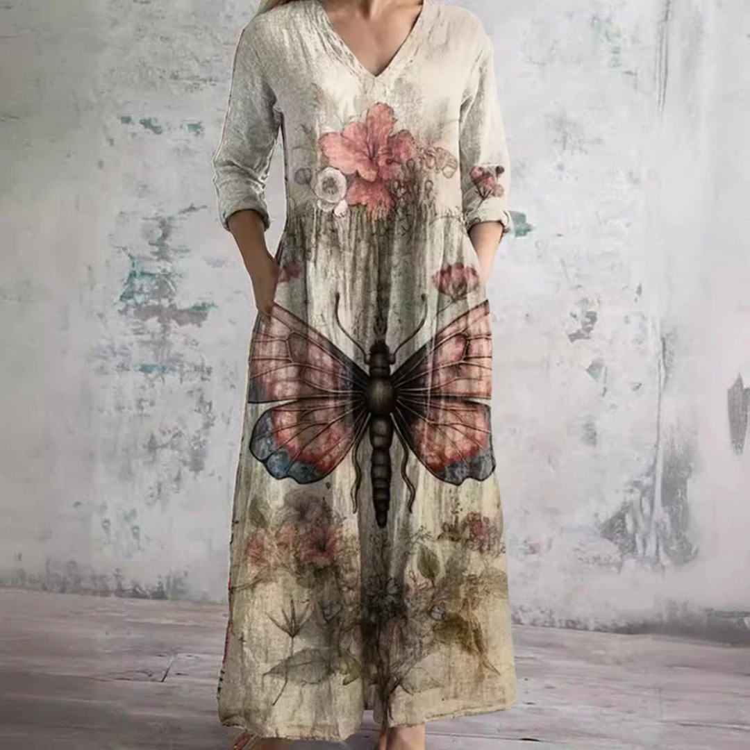 V-Neck Long Sleeve Butterfly Floral Print Pocket Maxi Dress