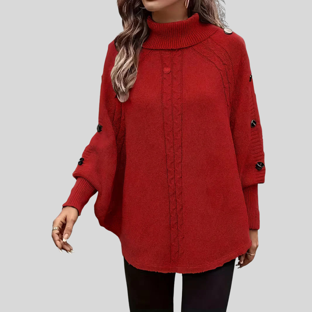 Turtleneck Cable Knit Button Trim Batwing Poncho Sweater 2