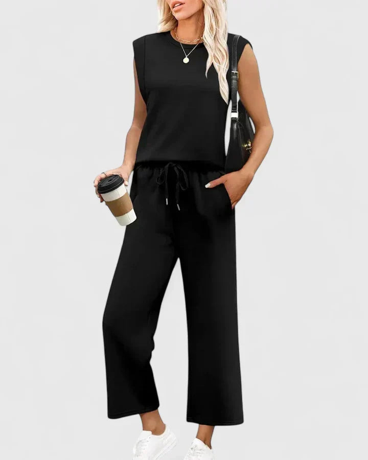 Sleeveless Round Neck Top and Drawstring Wide Leg Pants Two Piece Set 8