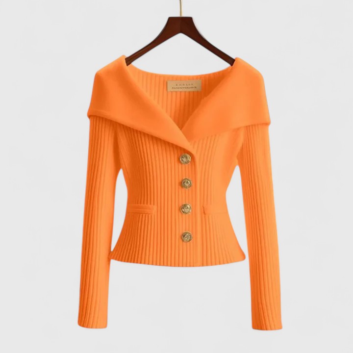 Portrait Collar Button Front Ribbed Knit Sweater 3