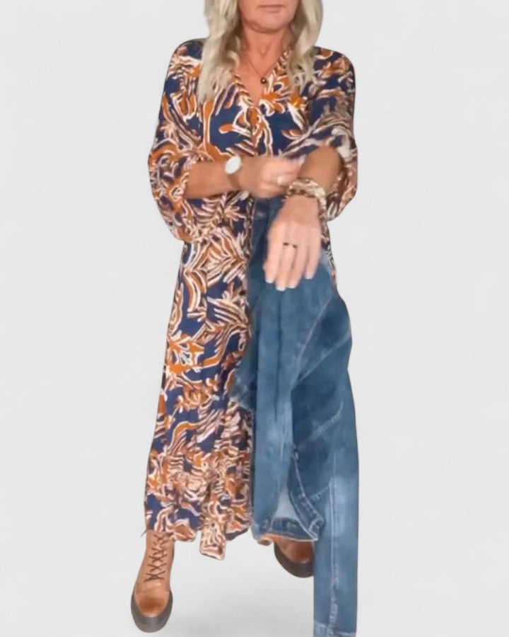Abstract Floral Print Round Neck Three Quarter Sleeve Maxi Dress 2