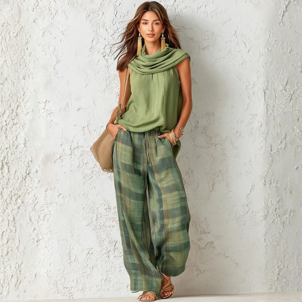 Cowl Neck Sleeveless Top and Print Wide Leg Pants Two Piece Set 2