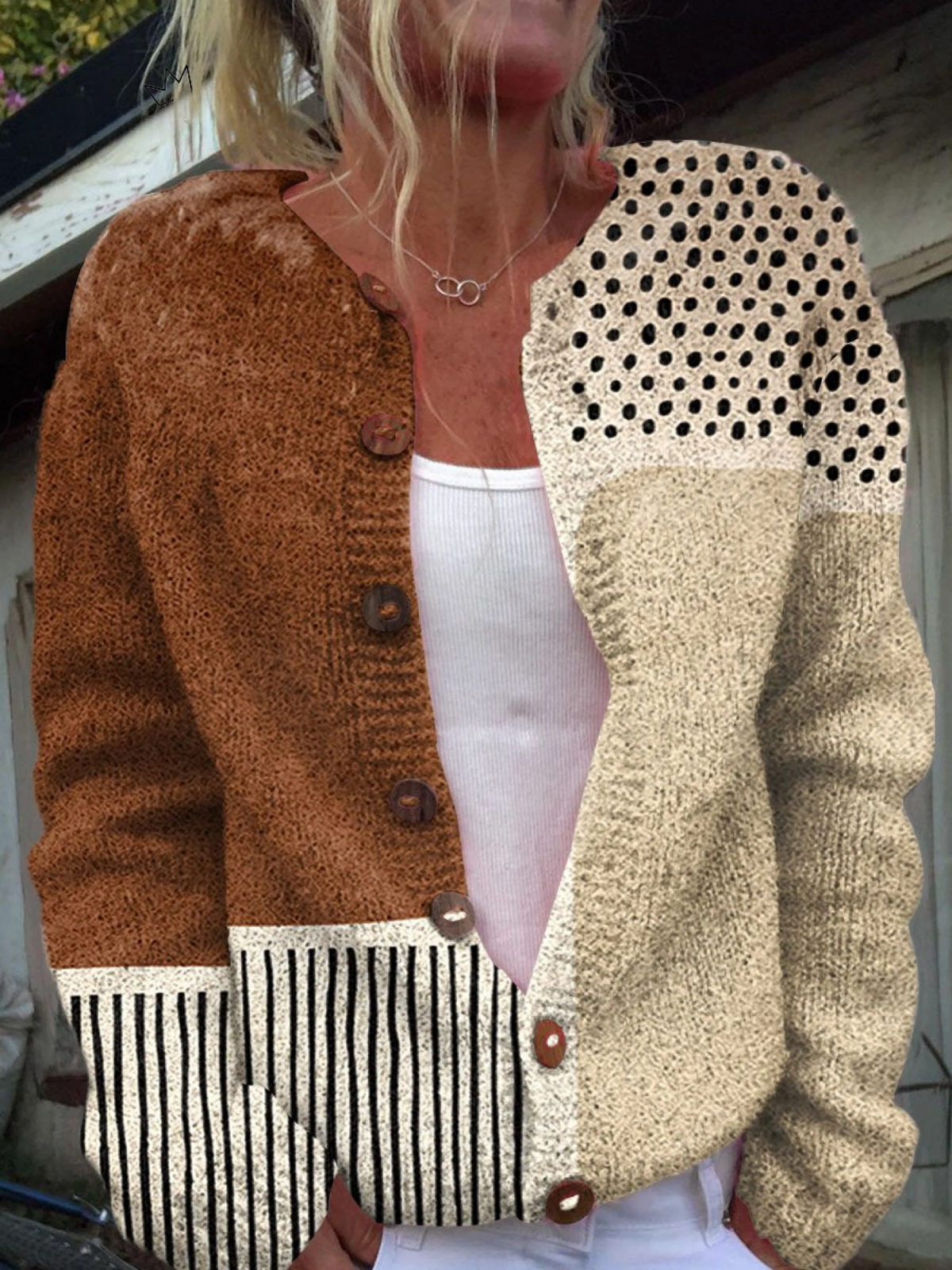 Polka Dot Stripe Color Block Button Front Cardigan