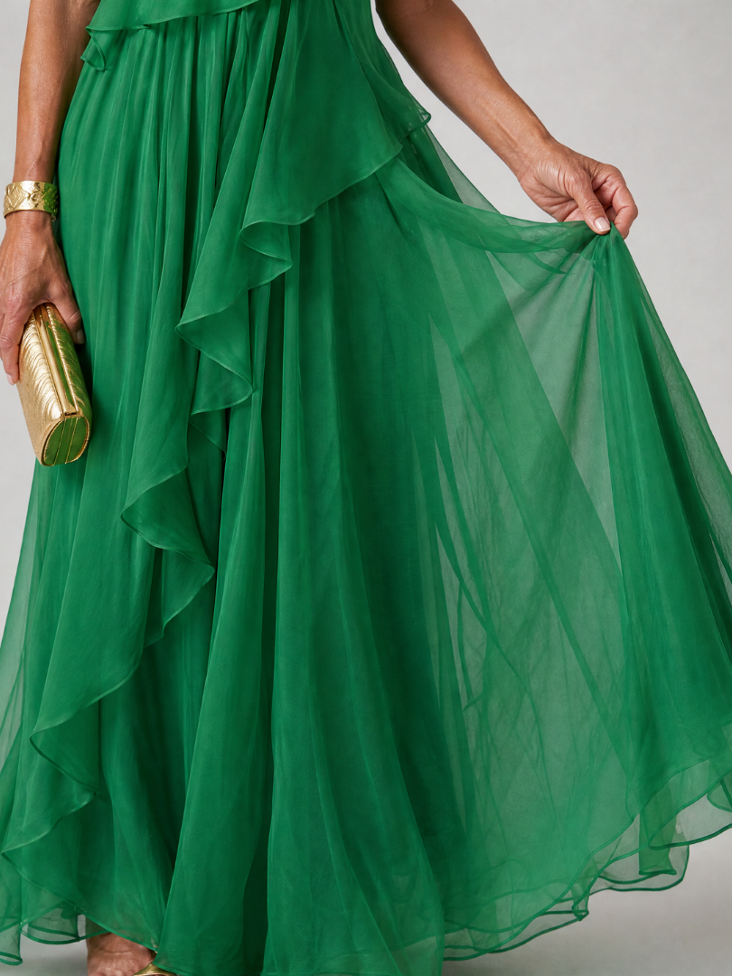 One Shoulder Ruffle Draped Chiffon Maxi Gown 4