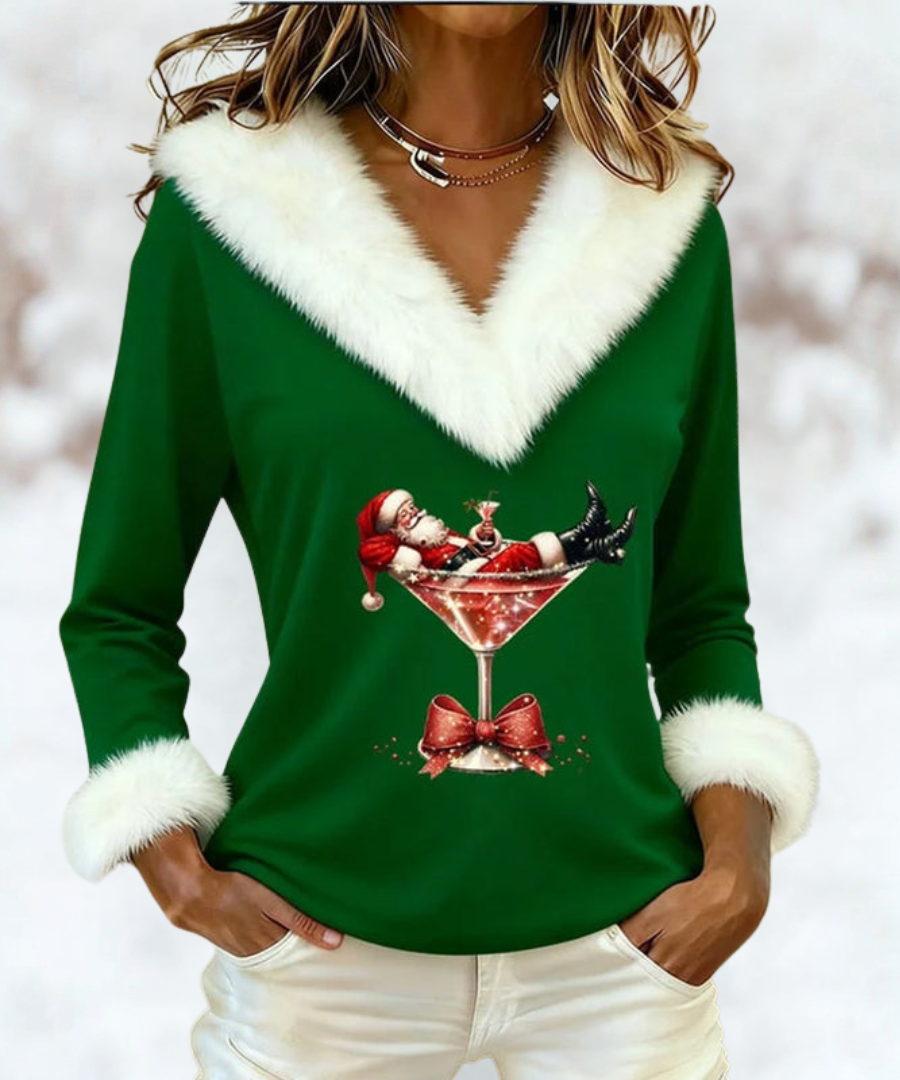 Faux Fur Trim V-Neck Santa Print Long Sleeve Holiday Top 9