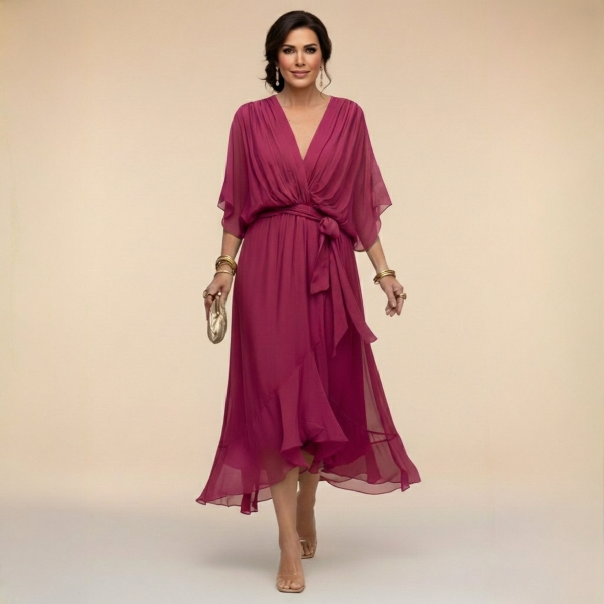 V-Neck Kimono Sleeve Belted Ruffle High Low Midi Dress 5