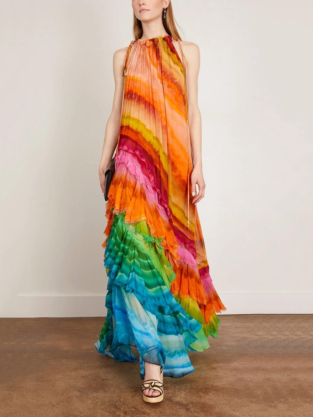 Tie Dye Print Halter Neck Drawstring Tiered Ruffle Chiffon Maxi Gown - View 2