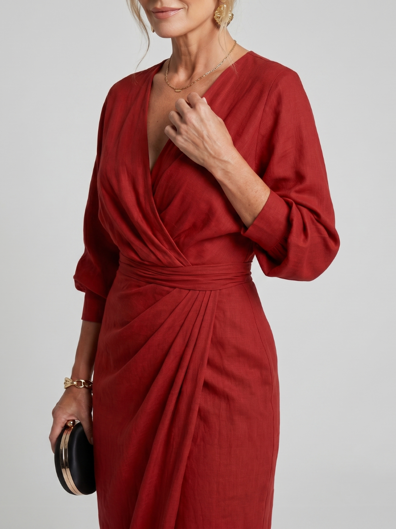 Wrap V-Neck Long Sleeve Ruched Draped Maxi Dress 3