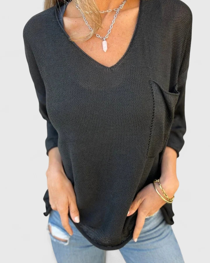 V-Neck Long Sleeve Pocket Loose Knit Sweater 5