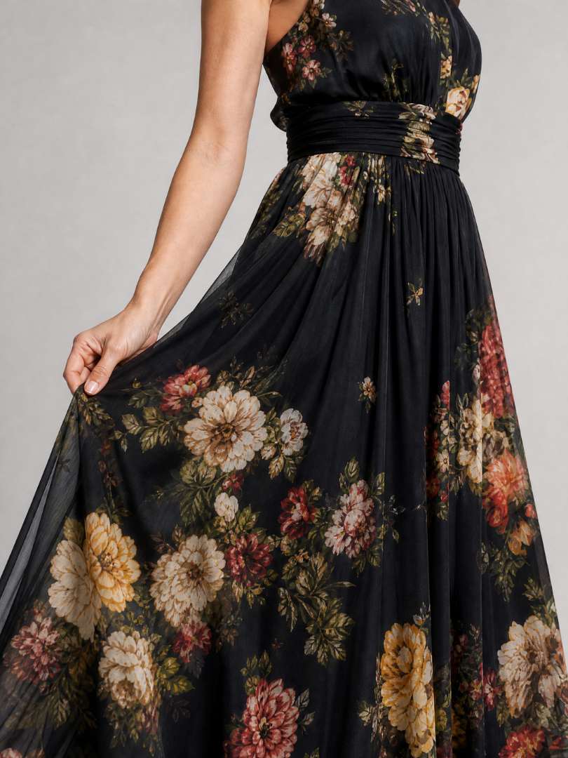 Floral Halter Neck Sleeveless Ruched Waist Maxi Dress 2