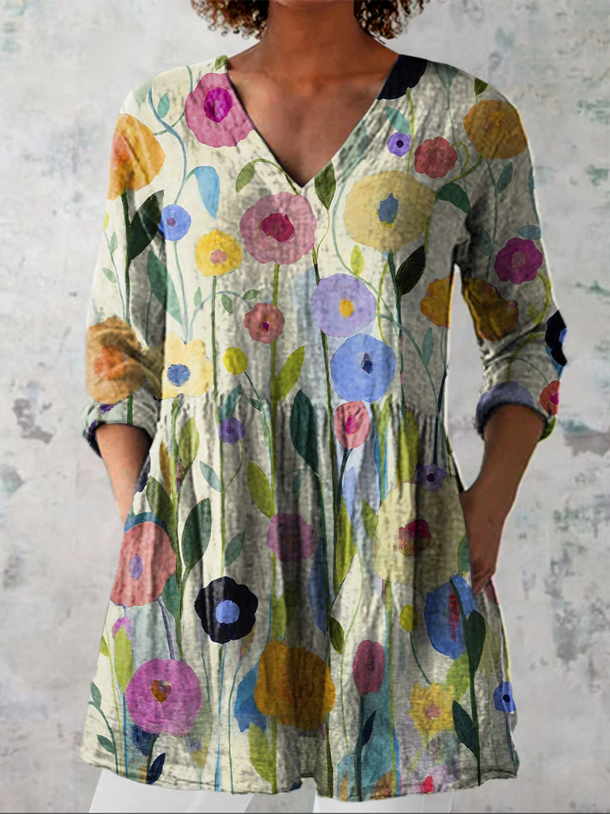 Floral V-Neck Long Sleeve Tunic Top