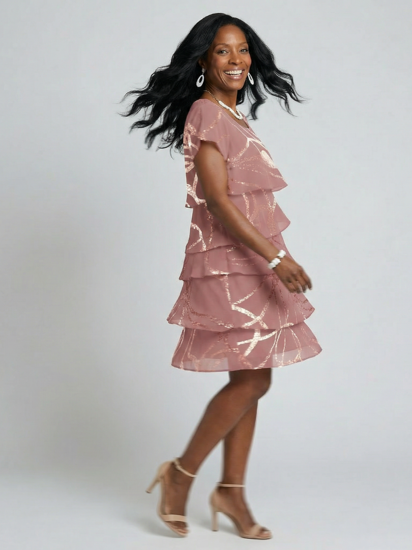Metallic Abstract Swirl Flutter Sleeve Tiered Knee Length Dress 2