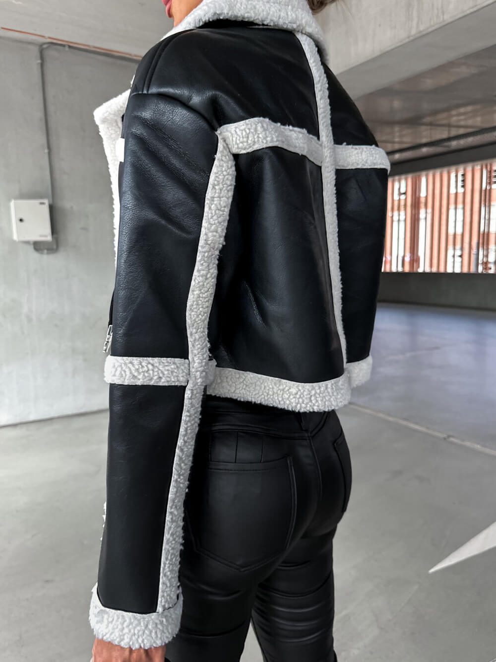 Faux Leather Fleece Trim Belted Cropped Aviator Jacket 2