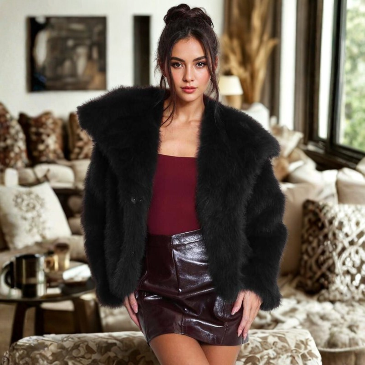 Shawl Collar Faux Fur Cropped Jacket