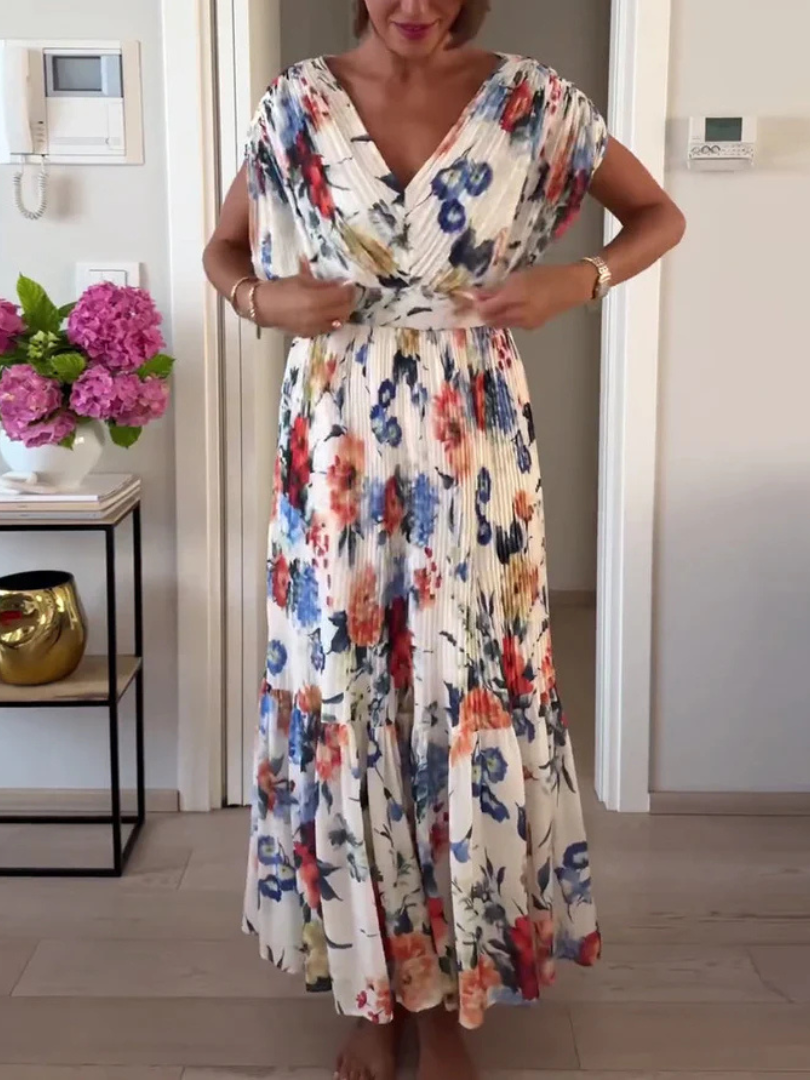 Floral V-Neck Short Sleeve Pleated Tiered Maxi Dress 2