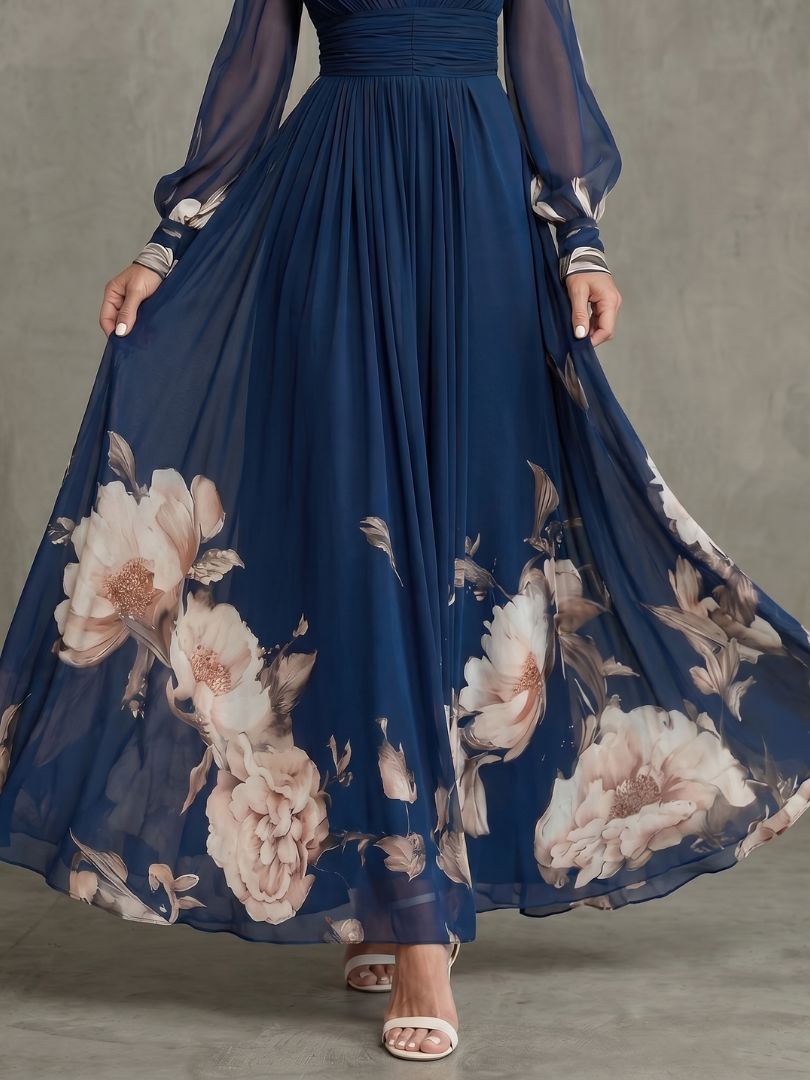 Floral Deep V-Neck Long Sheer Sleeve Chiffon Maxi Dress 3