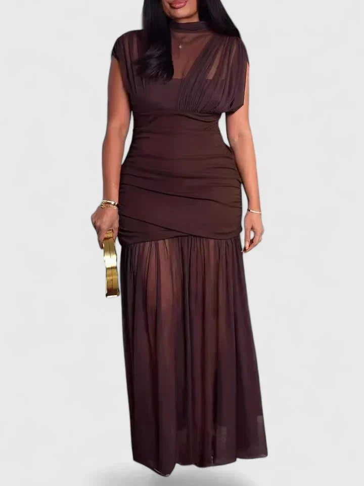 Mock Neck Cap Sleeve Ruched Mesh Maxi Gown 4