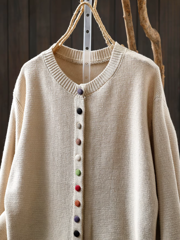 Round Neck Pom Button Front Knit Cardigan