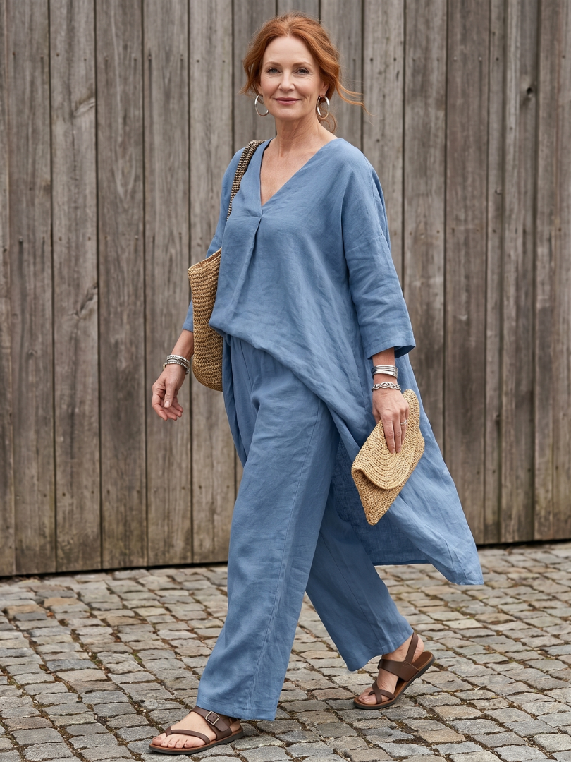 V-Neck Tunic Top and Wide Leg Pants Two Piece Set 2