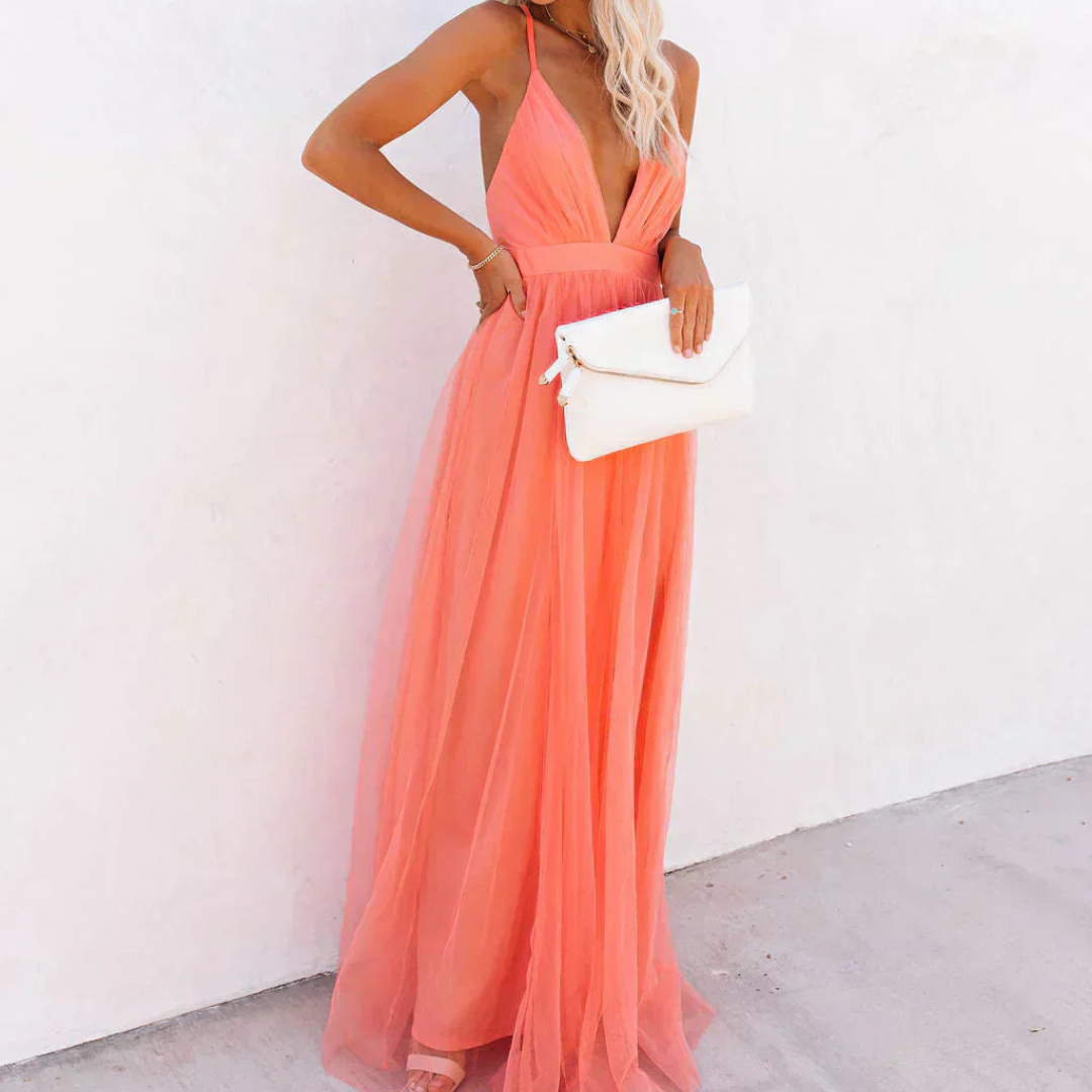 Deep V-Neck Spaghetti Strap Tulle Maxi Gown 4
