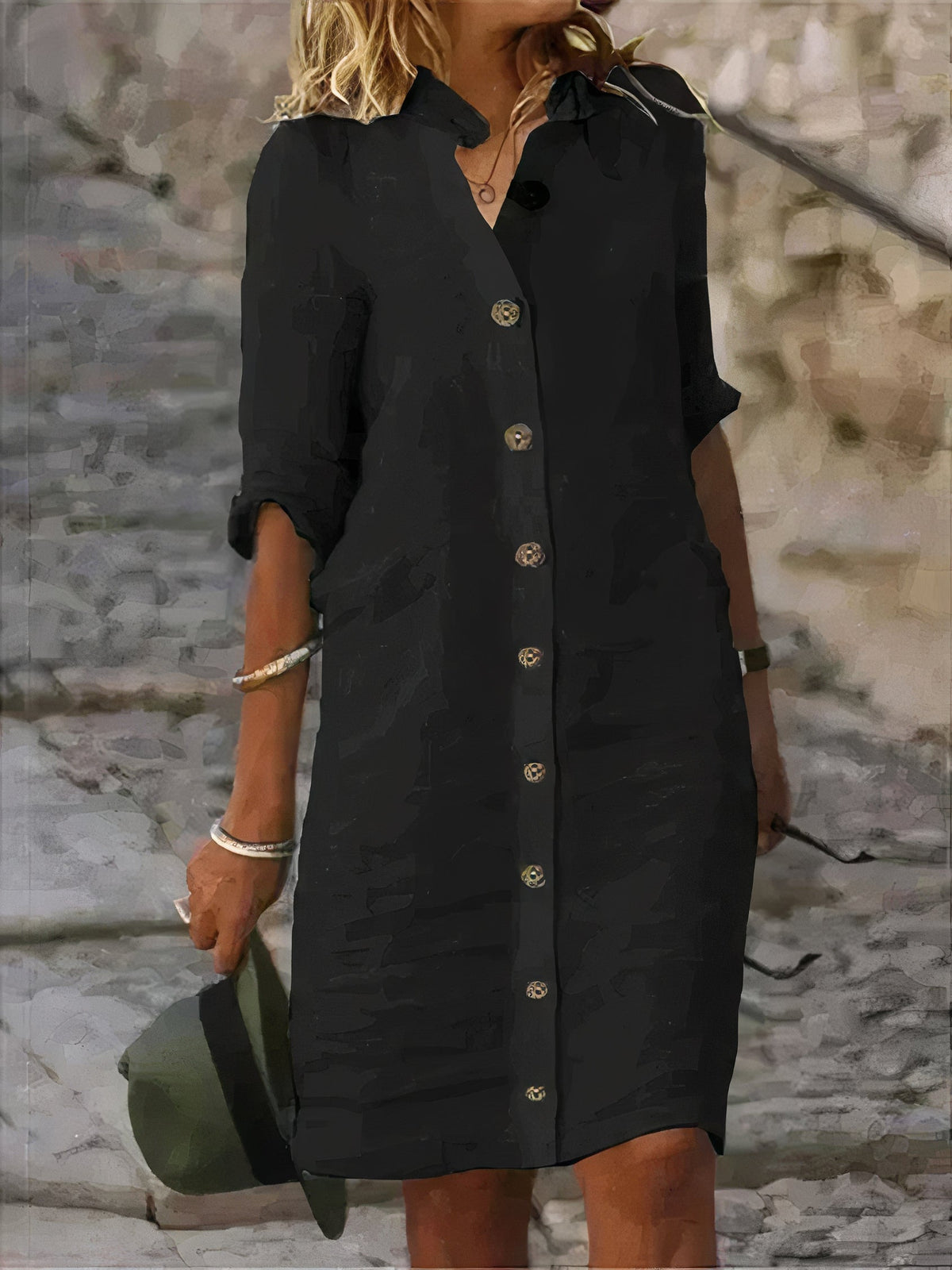 Crinkled Weave Shirt Collar Button Front 3/4 Sleeve Midi Shirt Dress - View 3