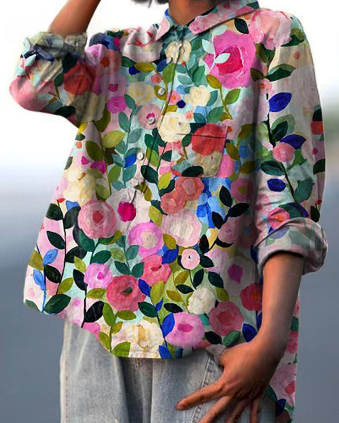 Watercolor Floral Print Long Sleeve Button Blouse 3