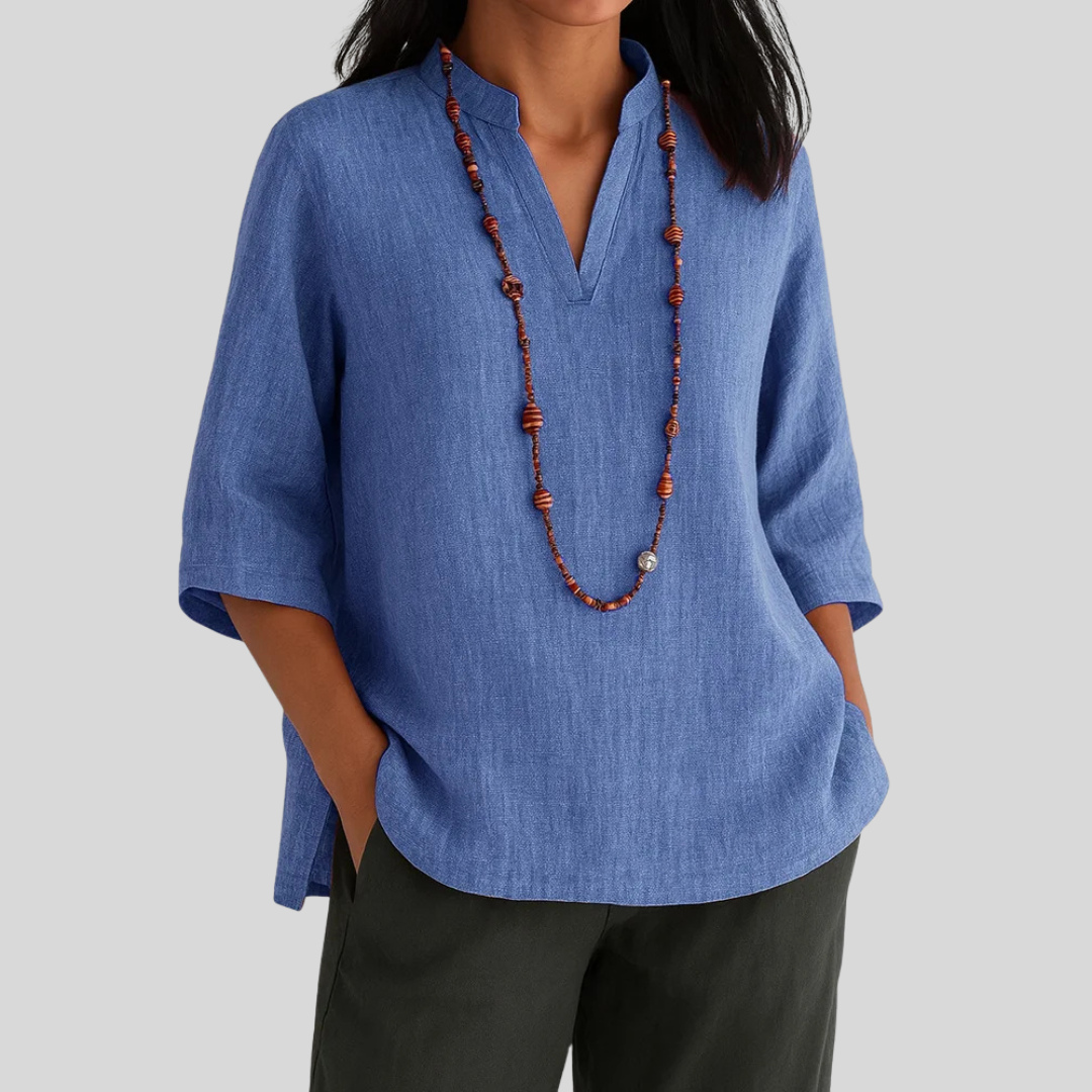 Notch V-Neck Half Sleeve Linen Look Top 2
