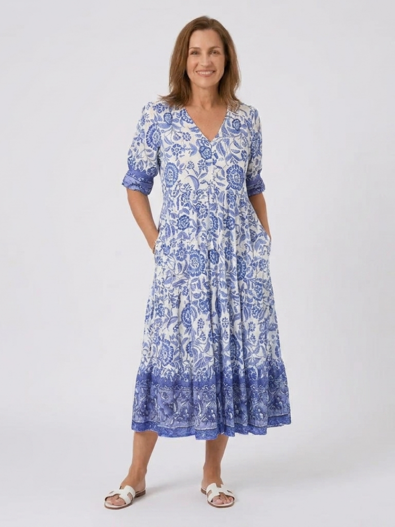 Floral Print V-Neck Button Front Tiered Maxi Dress