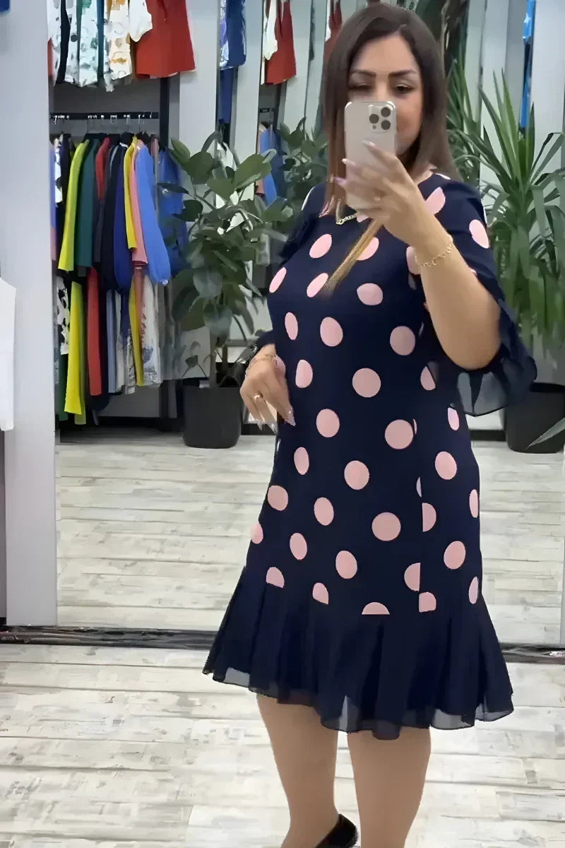 Polka Dot Round Neck Flounce Sleeve Pleated Hem Midi Dress 2