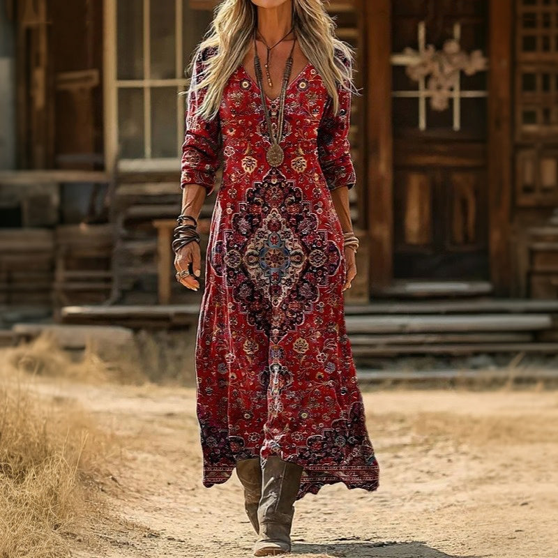 Bohemian Medallion Print V-Neck Long Sleeve Maxi Dress