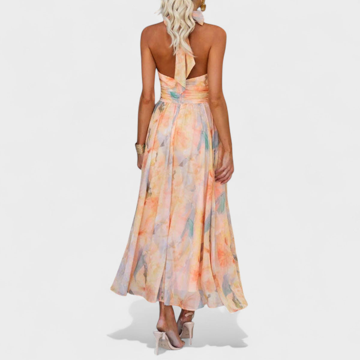 Abstract Print Halter Neck Cross Waist Maxi Dress 2