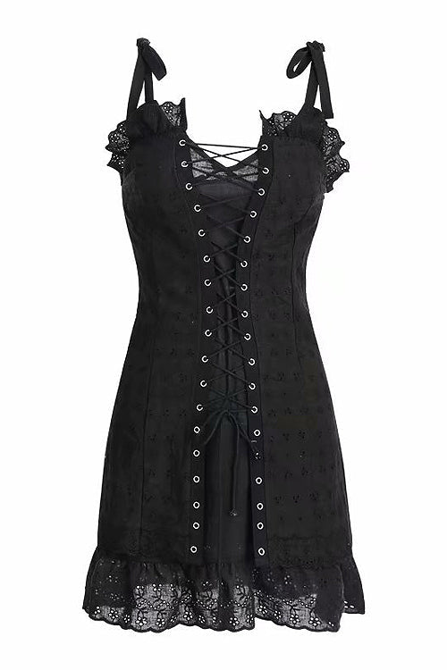 Tie Shoulder Eyelet Lace Up Corset Ruffle Hem Bodycon Mini Dress - View 10