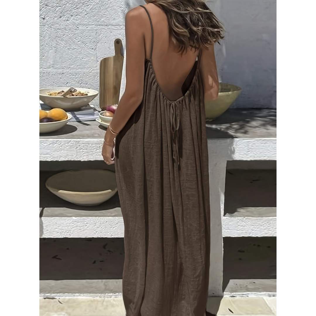 Backless Spaghetti Strap Tie Back Linen Look Maxi Dress 2