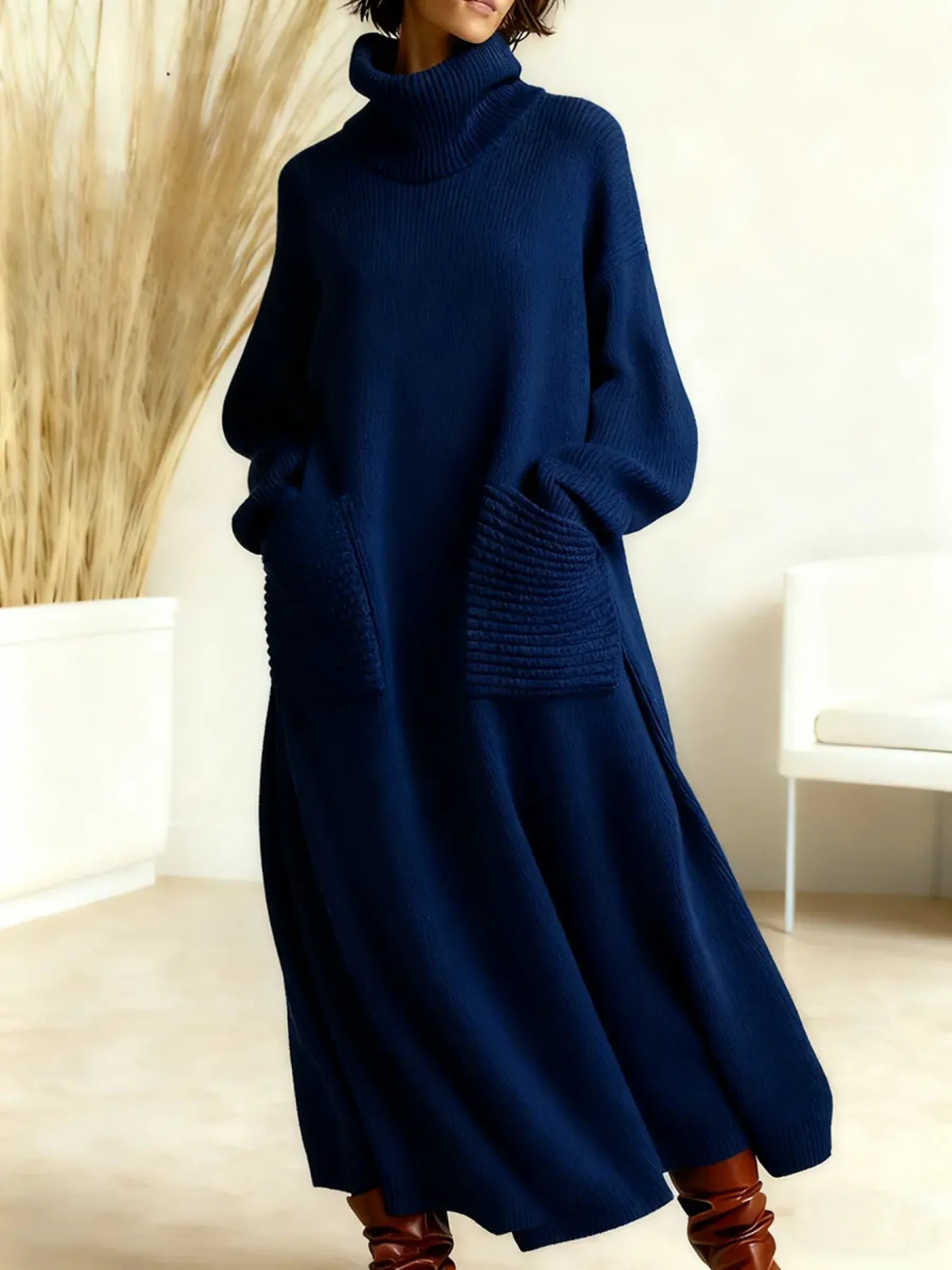 Turtleneck Pocket Knit Maxi Sweater Dress 4