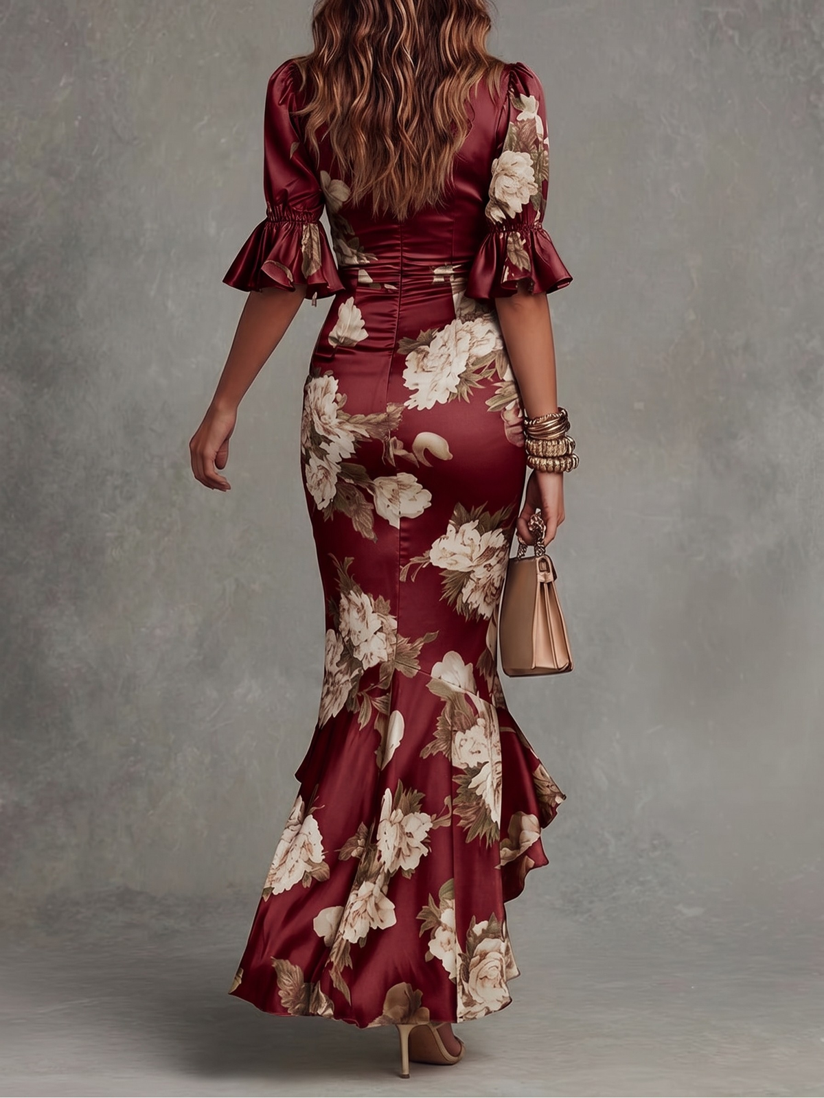 Floral V-Neck Ruffle Sleeve Ruched High Split Maxi Dress 3