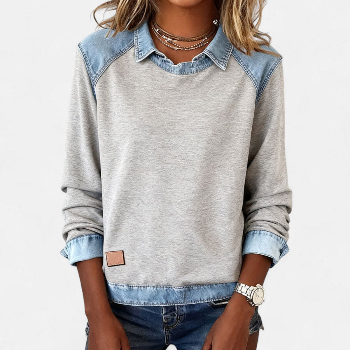 Crew Neck Denim Contrast Panel Sweatshirt 12