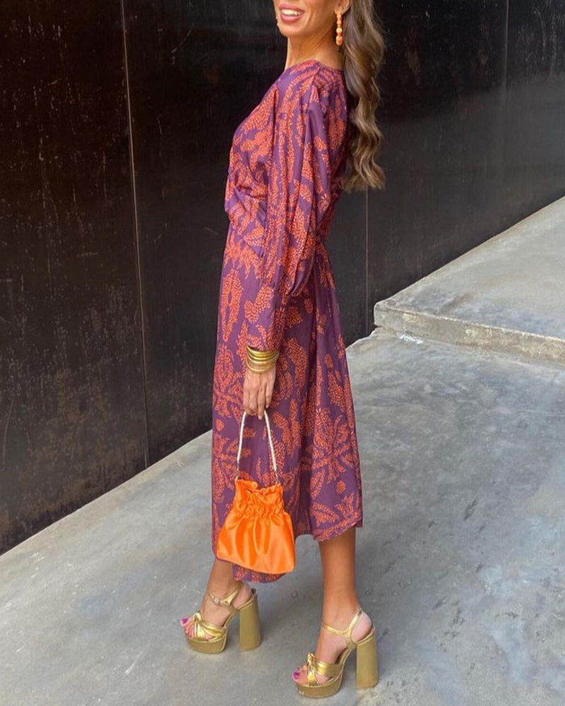Deep V-Neck Long Sleeve Twist Front Printed Midi Dress 2