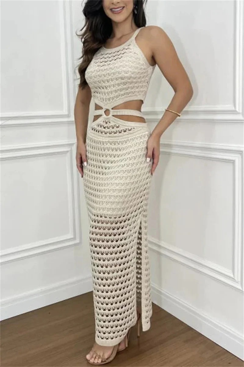 Open Knit Mesh Sleeveless Cut Out O-Ring Waist High Split Dress - View 2