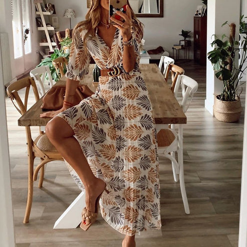 Palm Leaf Print Wrap Deep V-Neck Flutter Sleeve High Split Dress - View 2